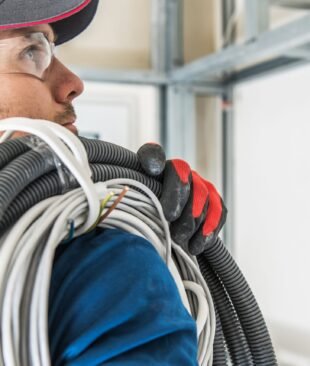 Caucasian Contractor Electrician with Cables and Pipes on His Shoulder Placing New Electric Installation in a House.