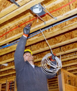 Process of installing electric wiring lights and ceiling in new home new home construction
